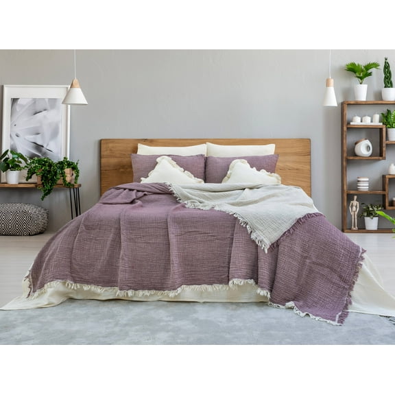 Muslin Blanket 4 Layers, Soft Bedspread, 100% Turkish Cotton Plum Muslin Bed Cover, 95 x 102 in