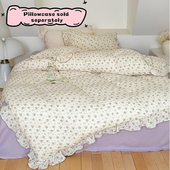 Muslin Cotton Kids Duvet Cover Twin Size, 68"x86", Shabby Chic Crape Flower Design Girls Quilt Cover Vintage Princess Style Bedding Ruffled Comforter Cover Floral Print