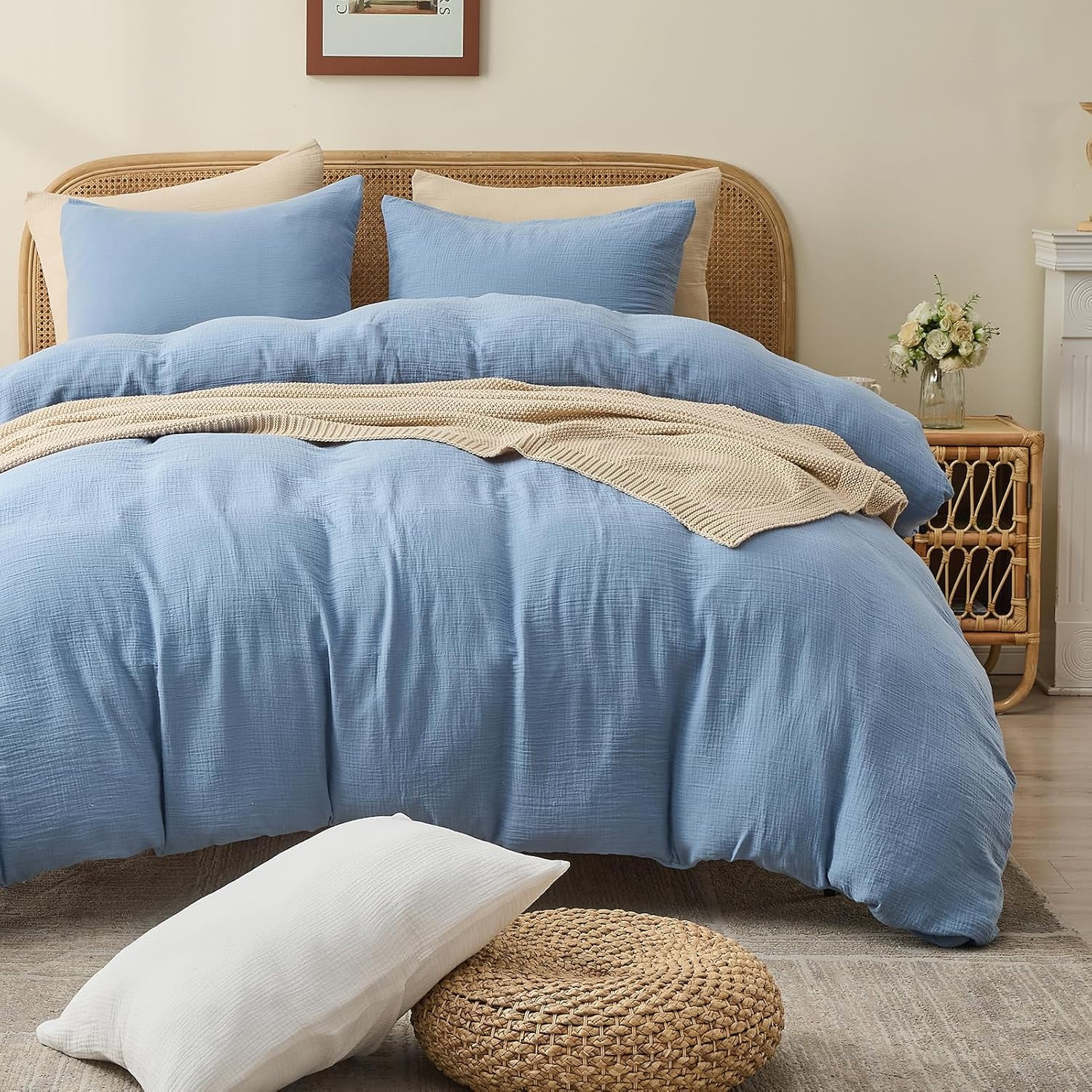 MEISHANG Organic Cotton Muslin Duvet Cover Queen 3-Piece Set - 100% Cotton Gauze Weave With Zipper Closure & Corner Ties