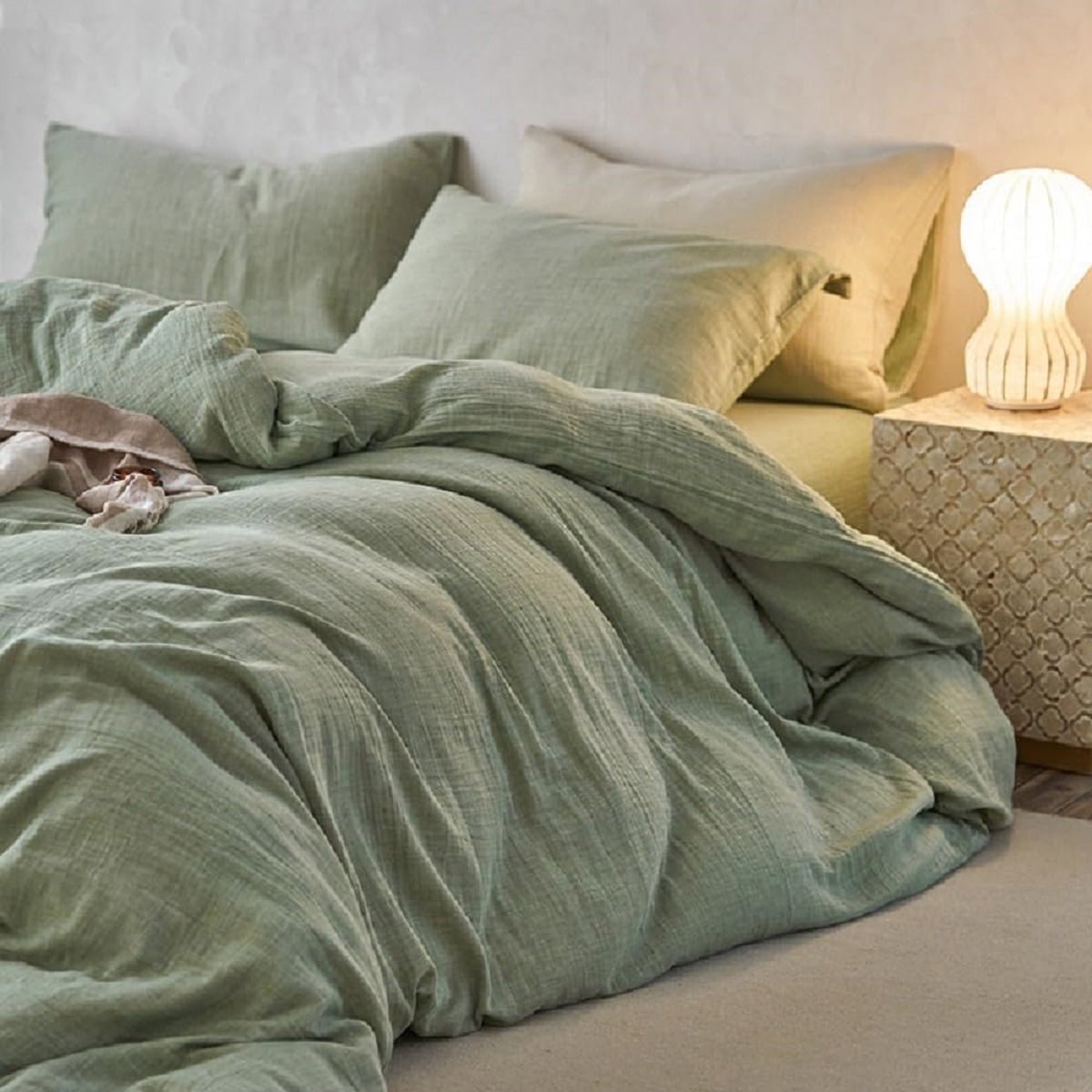 Muslin Duvet Cover Set 100% Cotton Full Size Double Layer Linen Like Gauze Comforter Cover Solid Green