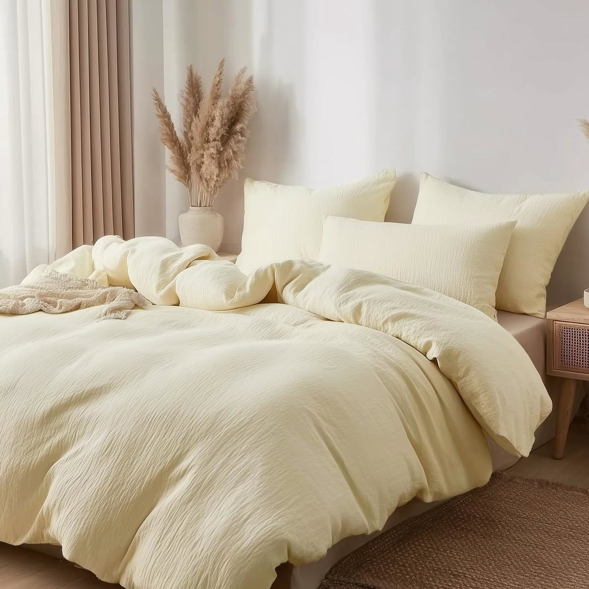 Muslin Duvet Cover Set 100% Cotton King Size Double Layer Linen Like Gauze Comforter Cover Cream