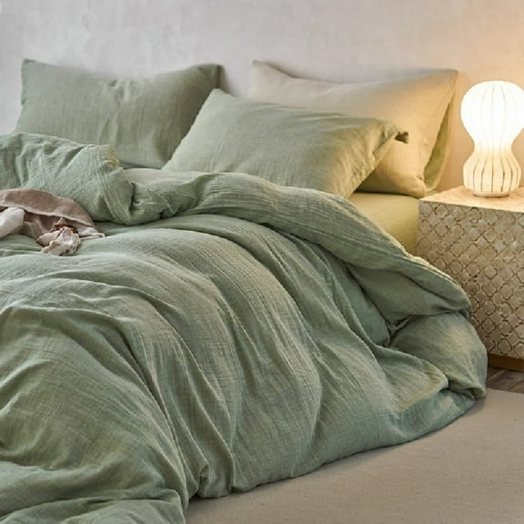 Muslin Duvet Cover Set 100% Cotton King Size Double Layer Linen Like Gauze Comforter Cover Solid Green