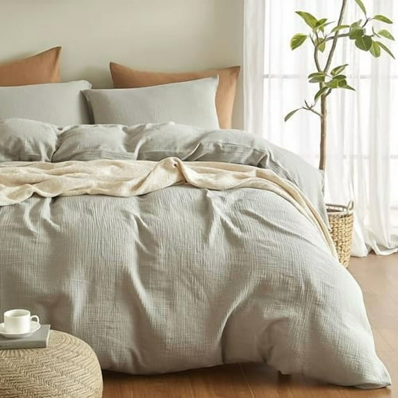 Muslin Duvet Cover Twin Size, 100% Washed Cotton Duvet Cover Set, Ultra Soft Comforter Cover Linen Like, 2 Pieces Minimalist Gauze Duvet Cover with 1 Pillowcase, 68"x90", Smoky-Green
