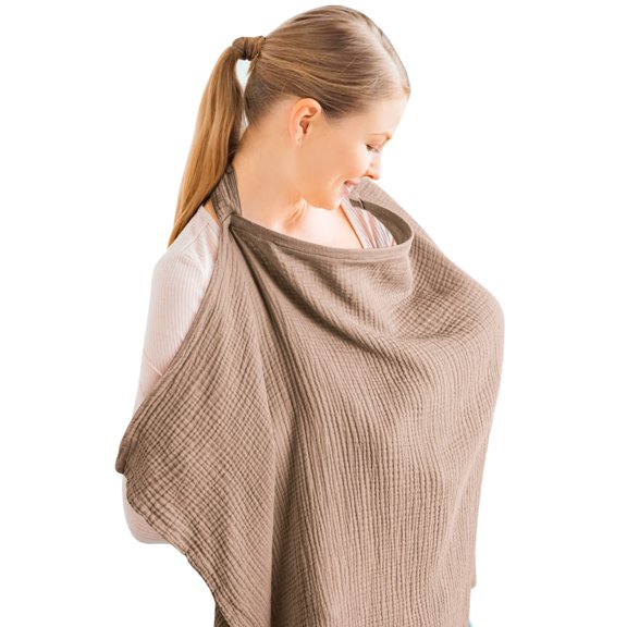 Muslin Nursing Cover Up for Baby Breastfeeding, Breathable 100% Cotton Breastfeeding Cover with Rigid Hoop for Women Nursing Apron, Multi-use Car Seat Cover, Brown