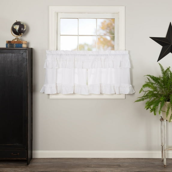 VHC Brands Muslin Ruffled Bleached White Tier Set of 2 Farmhouse Cotton Window Treatment for Living Room or Kitchen 24" Lx36 W