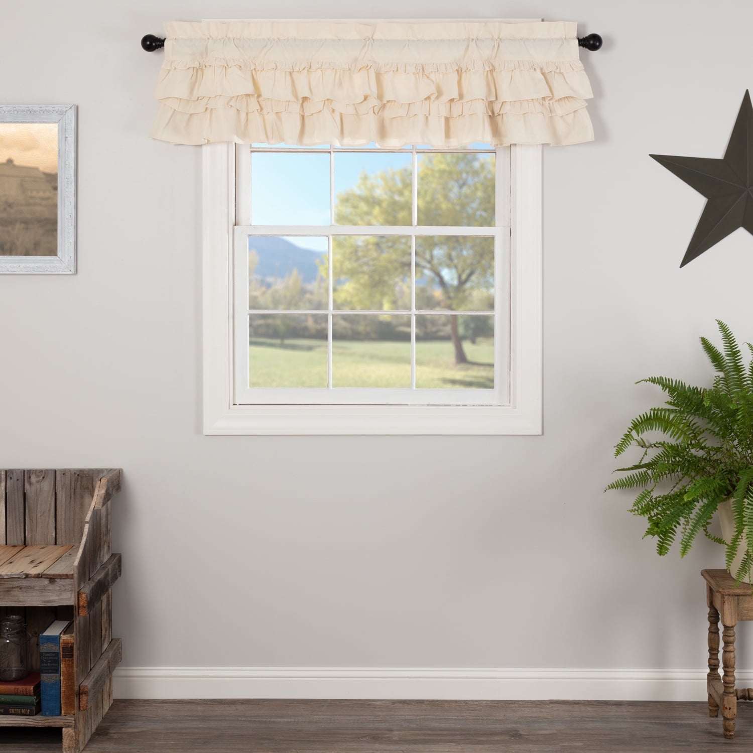 VHC Brands Muslin Ruffled Curtain Valance, Unbleached Natural, 16x60