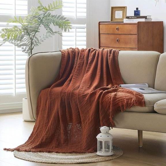 Muslin Throw Blanket with Tassels, Lightweight Woven Gauze, Pre-Washed Breathable Decor for Bed, Couch, - Use (Rust, 50" x 60")
