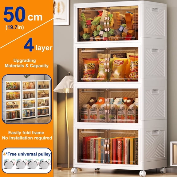 Storage Bins with Lids- 4 Tier Folding Storage box with Doors and Wheels, Collapsible Plastic Storage Bins for Closets, Stackable Storage Organizer, Storage Containers for Closet, White