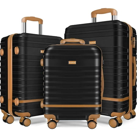 3 Piece Luggage Sets ,ABS Hardshell Lightweight Suitcase with TSA Lock Double Spinner Wheels,Black