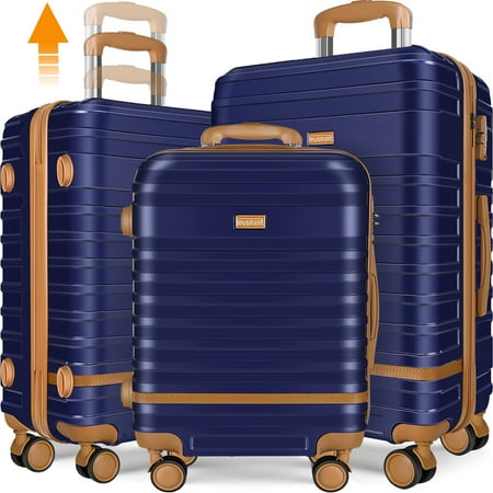 3 Piece Luggage Sets ,ABS Hardshell Lightweight Suitcase with TSA Lock Double Spinner Wheels,Deep Blue