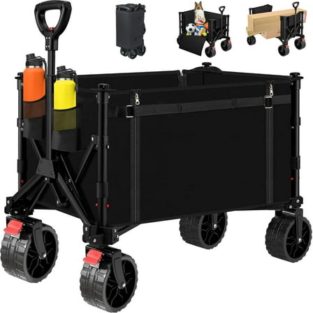 Collapsible Folding Wagon, Heavy Duty, Utility Wagon for Sports, Camping, Garden, and Shopping, Black