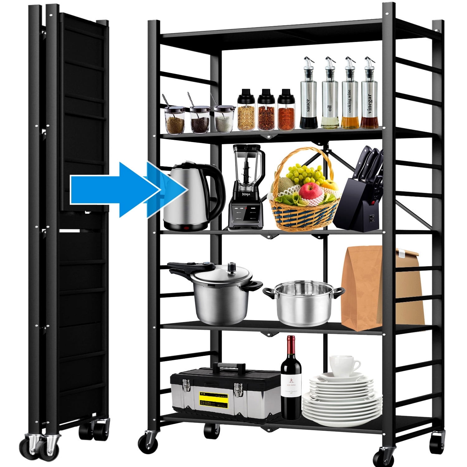 Camkey 5-Tier Foldable Metal Shelving Unit, 50.4"W x 16.2"D x 4.4"H, Holds up to 250 lbs Capacity, Black