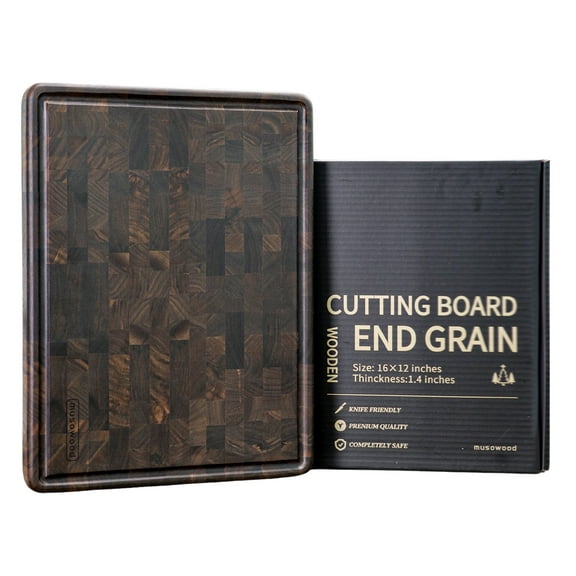 Muso Wood Walnut Wood Checkered Cutting Board with Feet 16 x 12 In