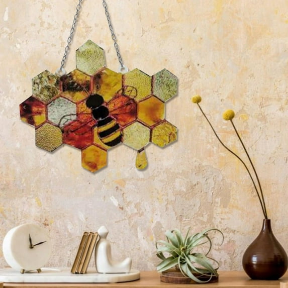 Musol Bee Suncatcher Stained Honeycomb Hanging Decoration Colorful Bee Pendant Art Ornaments, Suncatcher Hanging Decoration