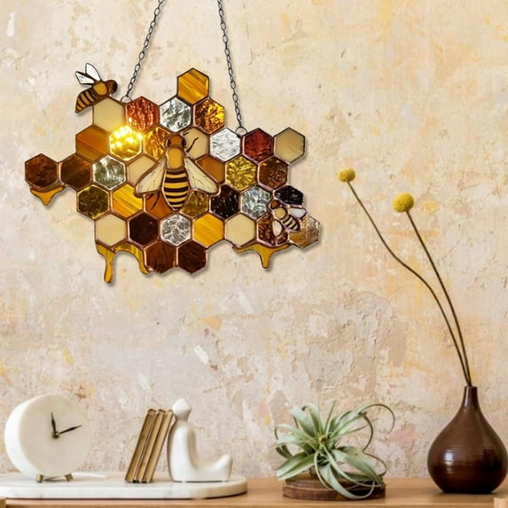 Musol Bee Suncatcher Stained Honeycomb Hanging Decoration Colorful Bee Pendant Art Ornaments, Suncatcher Hanging Decoration