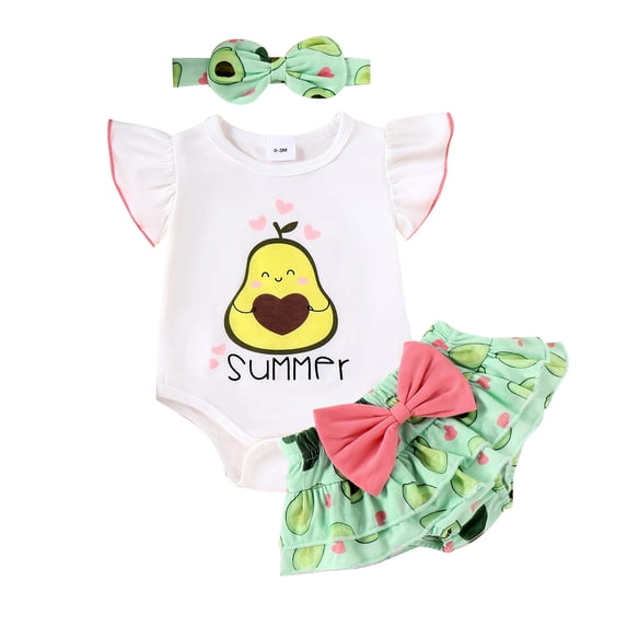 Musos Baby Girl Summer Outfits Letter Fruits Print Rompers Watermelon/Avocado Print Shorts Headband 3Pcs Clothes Set