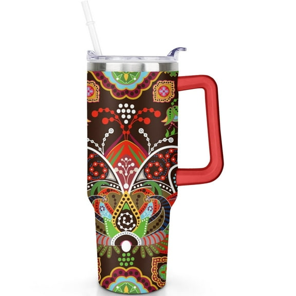 Must Have 40oz Paisley Travel Tumbler Stainless Steel with Handle, Leak Proof Vacuum Insulated Flip Straw Lid Mug Gift for Him Her