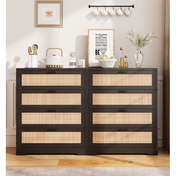 Must-Have Items Modern Black 5-Drawer Rattan Dresser with Charging Station | Functional Wooden Storage Solution for Bedroom, Living Room, or Hallway