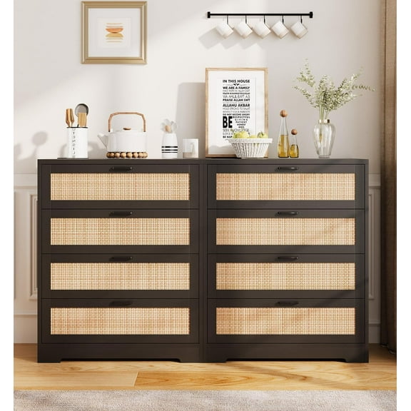 Must-Have Items Modern Black 5-Drawer Rattan Dresser with Charging Station | Functional Wooden Storage Solution for Bedroom, Living Room, or Hallway