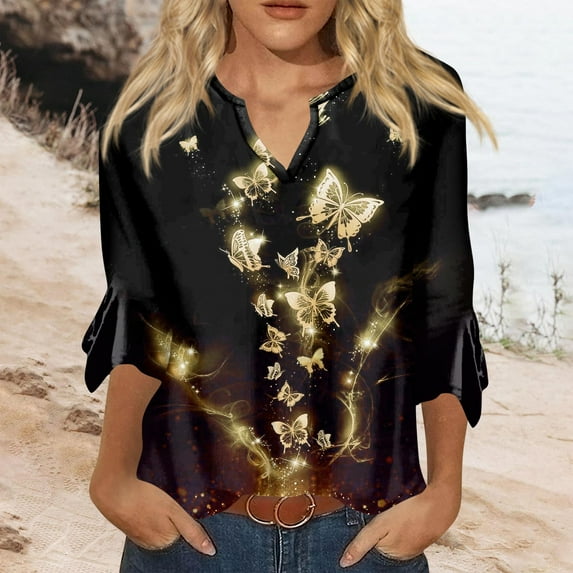 Must-Have Wardrobe Essential HIMIWAY Womens Fashion 3/4 Sleeve Shirts For Women Pattern Print Graphic Tees Blouses Casual Plus Size Basic Tops Pullover Black M