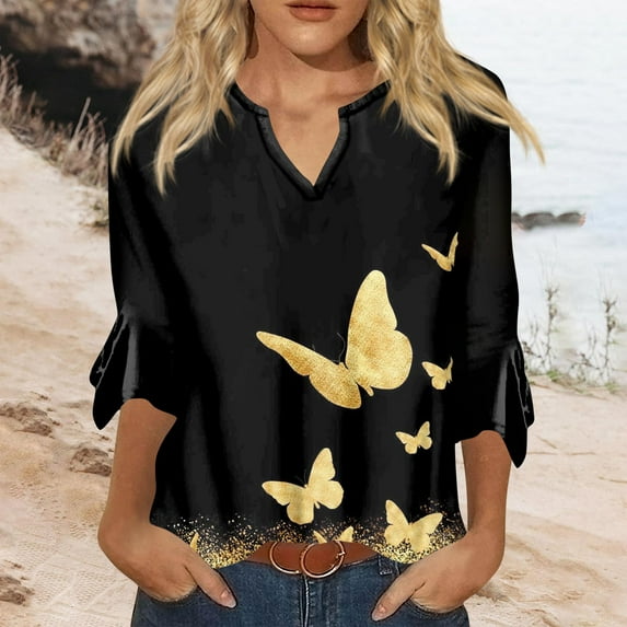 Must-Have Wardrobe Essential HIMIWAY Womens Fashion 3/4 Sleeve Shirts For Women Pattern Print Graphic Tees Blouses Casual Plus Size Basic Tops Pullover Gold S