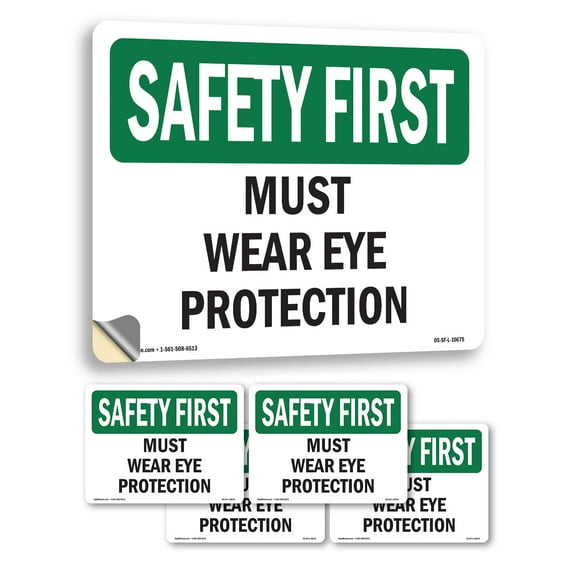 Must Wear Eye Protection OSHA SAFETY FIRST Vinyl Decal Label 7 Inch x 5 Inch - 5 Pack