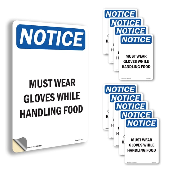 Must Wear Gloves While Handling Food OSHA Notice Vinyl Decal Label 24 Inch x 18 Inch - 10 Pack