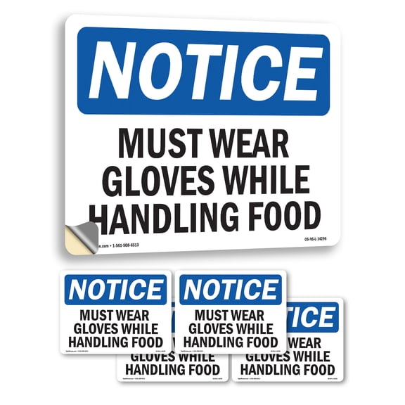 Must Wear Gloves While Handling Food OSHA Notice Vinyl Decal Label 5 Inch x 3.5 Inch - 5 Pack