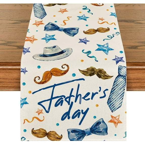 Mustach Bowknot Tie Stars Father''s Day Table Runner,Happy Papa''s Day Kitchen Dining Table Decoration for Home Party Decor 13x72 Inch