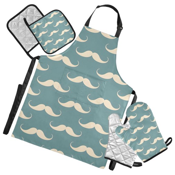 Mustache 5 Pcs Kitchen Set Heat Resistant Oven Mitts and Non-Slip Pot Holders with Adjustable Cooking Apron
