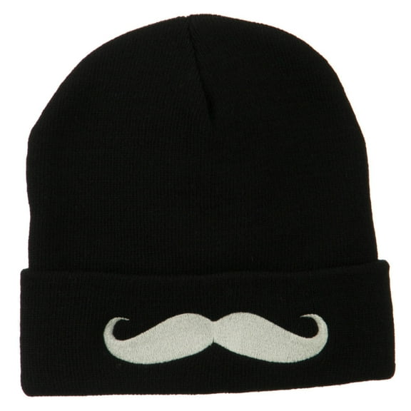 Mustache Embroidered Cuff Long Beanie - Black OSFM
