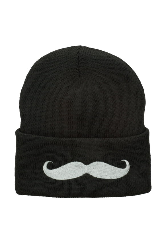 Mustache Embroidered Cuff Long Beanie - Grey OSFM