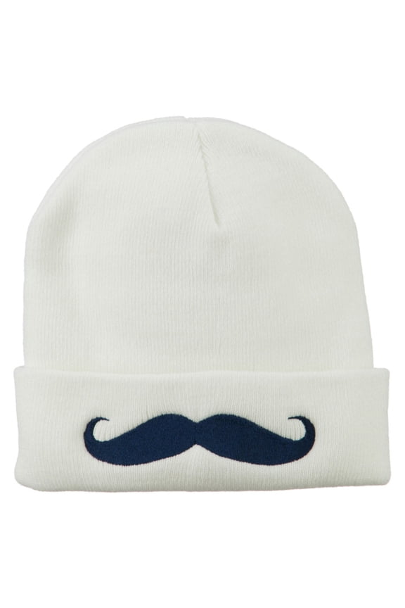 Mustache Embroidered Cuff Long Beanie - White OSFM