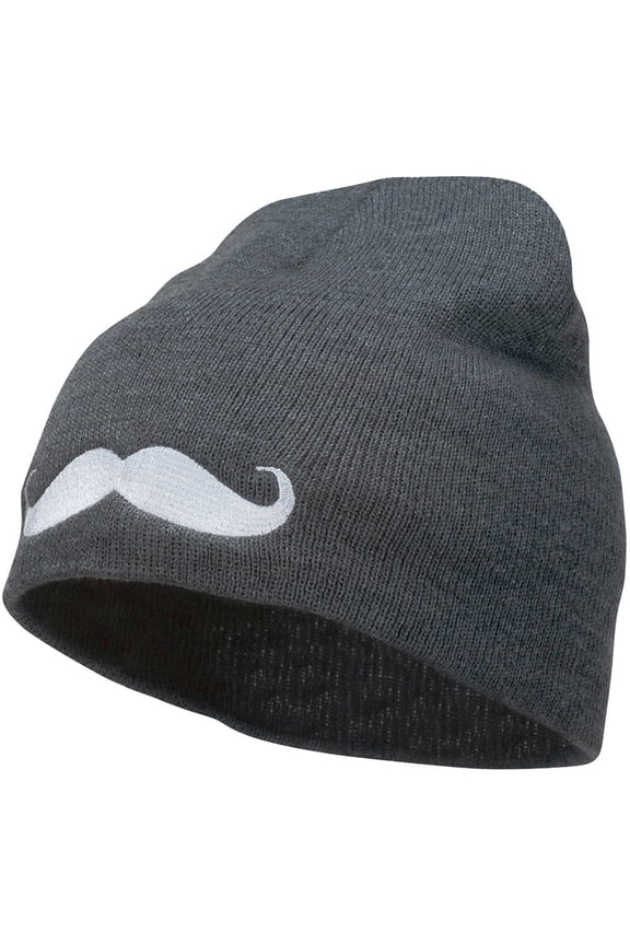 Mustache Embroidered Short Beanie - Dk Grey OSFM