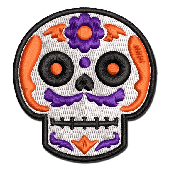 Mustache Floral Sugar Skull Dia De Los Muertos Applique Multi-Color Embroidered Iron-On Patch - 2.0 Inch Mini