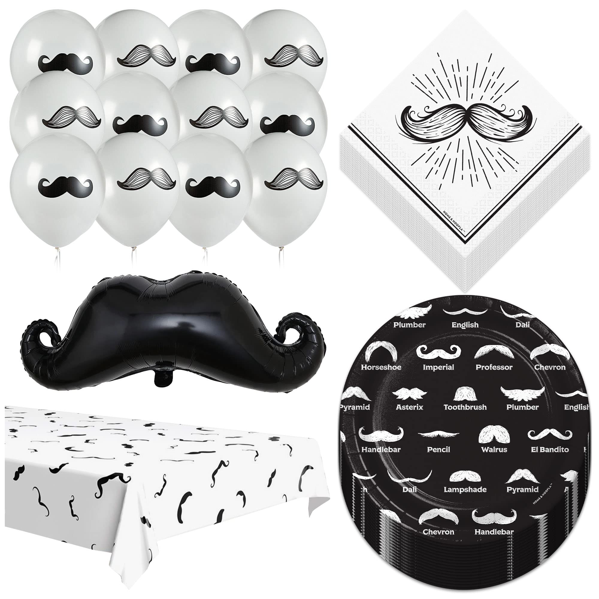 Mustache Party Pack Black and White Moustache Paper Dessert Plates, Napkins, Table Cover Set