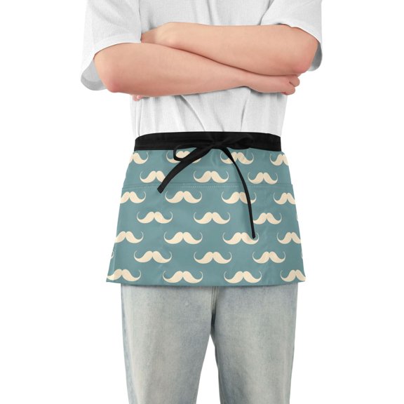 Mustache Server Apron with 3 Pockets Waterproof Waitress Waist Short Apron for Man Woman 12 Inches