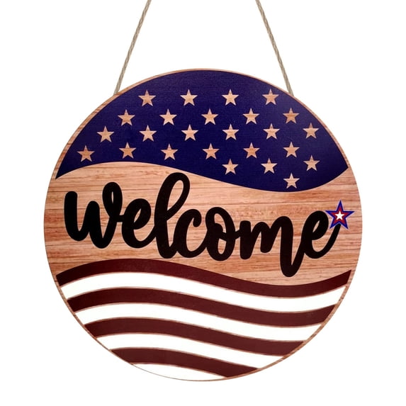 Mustacti Patriotic USA Star Spangled Welcome Sign Large Outdoor/Indoor Decorative Plaque With Flag Design Rustproof Metal Fade For July 4th Celebrations Year Round 30x30cm