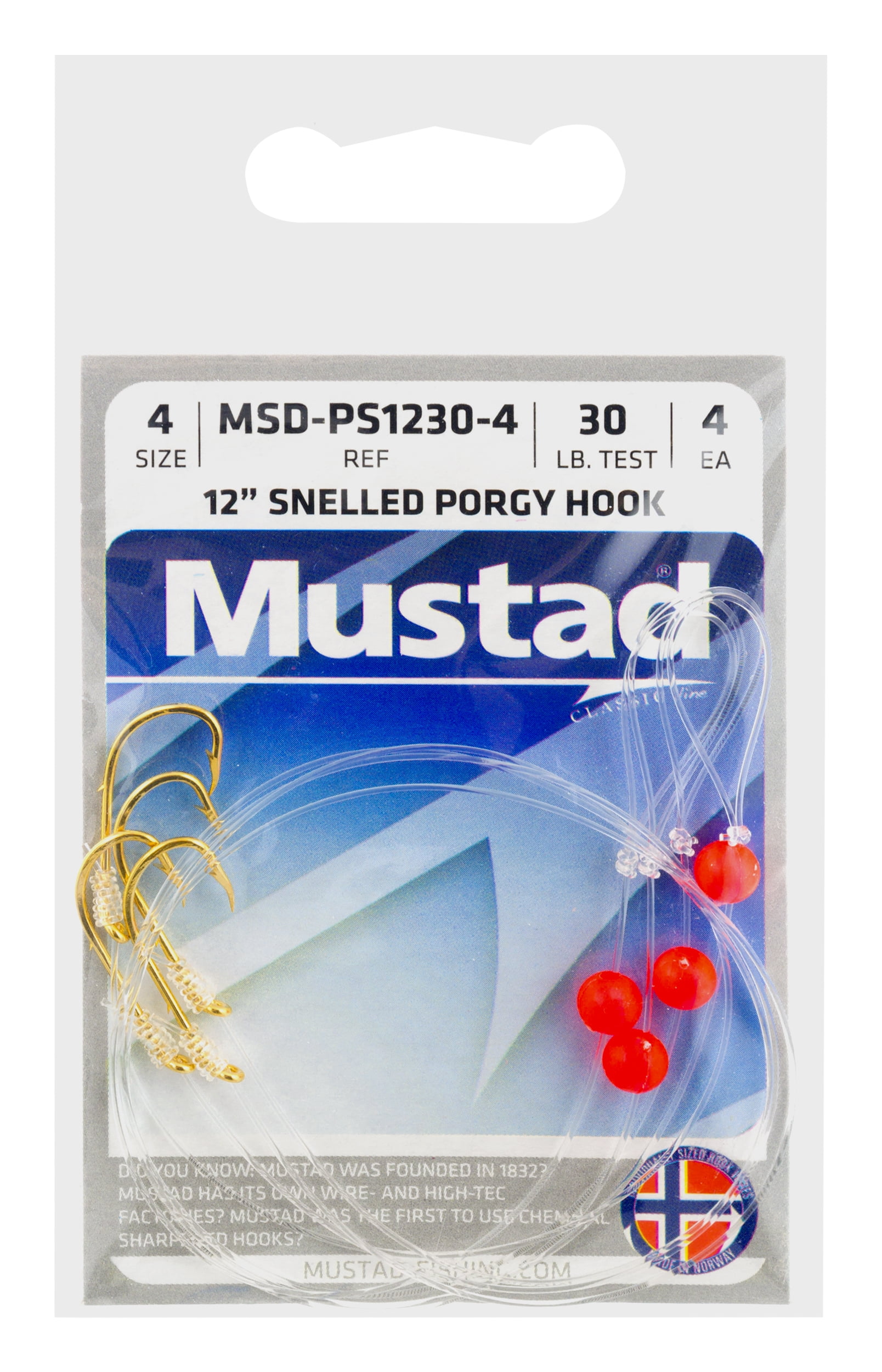 Mustad Classic Line Size 4 12 Snelled Porgy Hooks, 4 ct 
