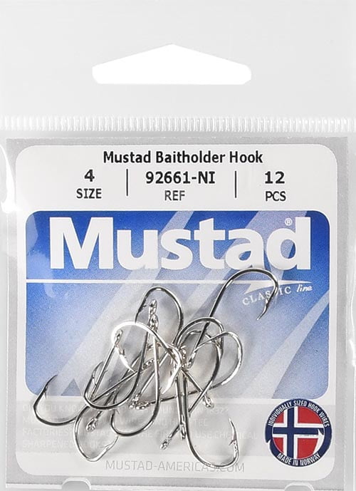 Mustad Down Eye Baitholder Hook (Nickel) - Size: 1/0 10pc