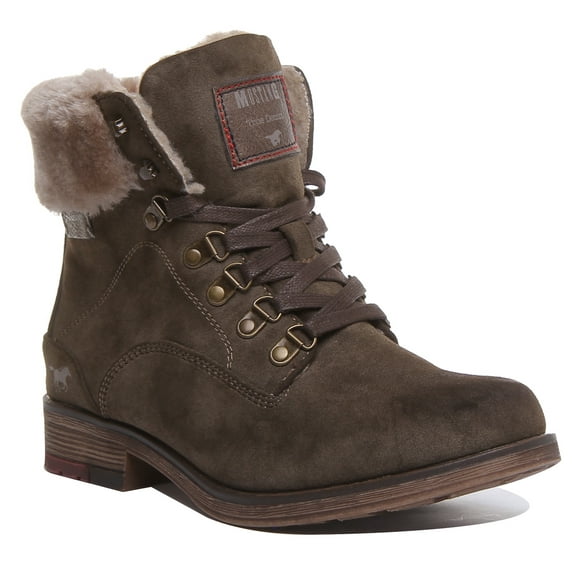 Mustang 1295-609 Women's Lace Up Casual Ankle Boots With Fleece Lining In Olive Size 7