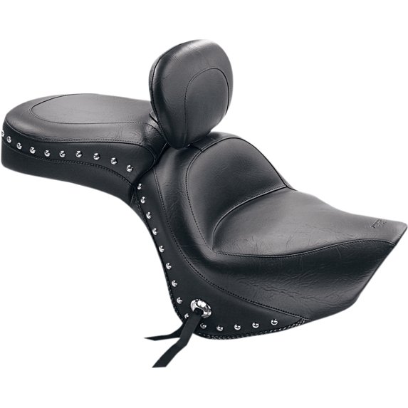 Mustang Wide Touring One-Piece Seat with Driver Backrest, Studded Black Vinyl with Conchos, Street Bike (79416)