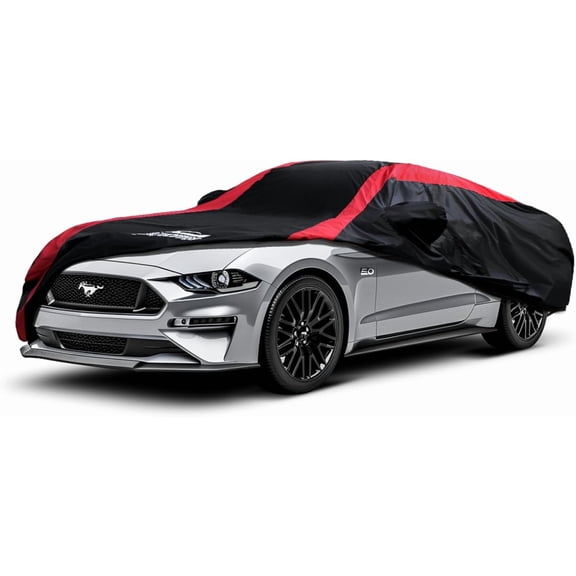 Mustang Car Cover Waterproof All Weather with Red Strip Design, Custom Fit for Ford 19942025, Accessory Door Zipper & Windproof Straps