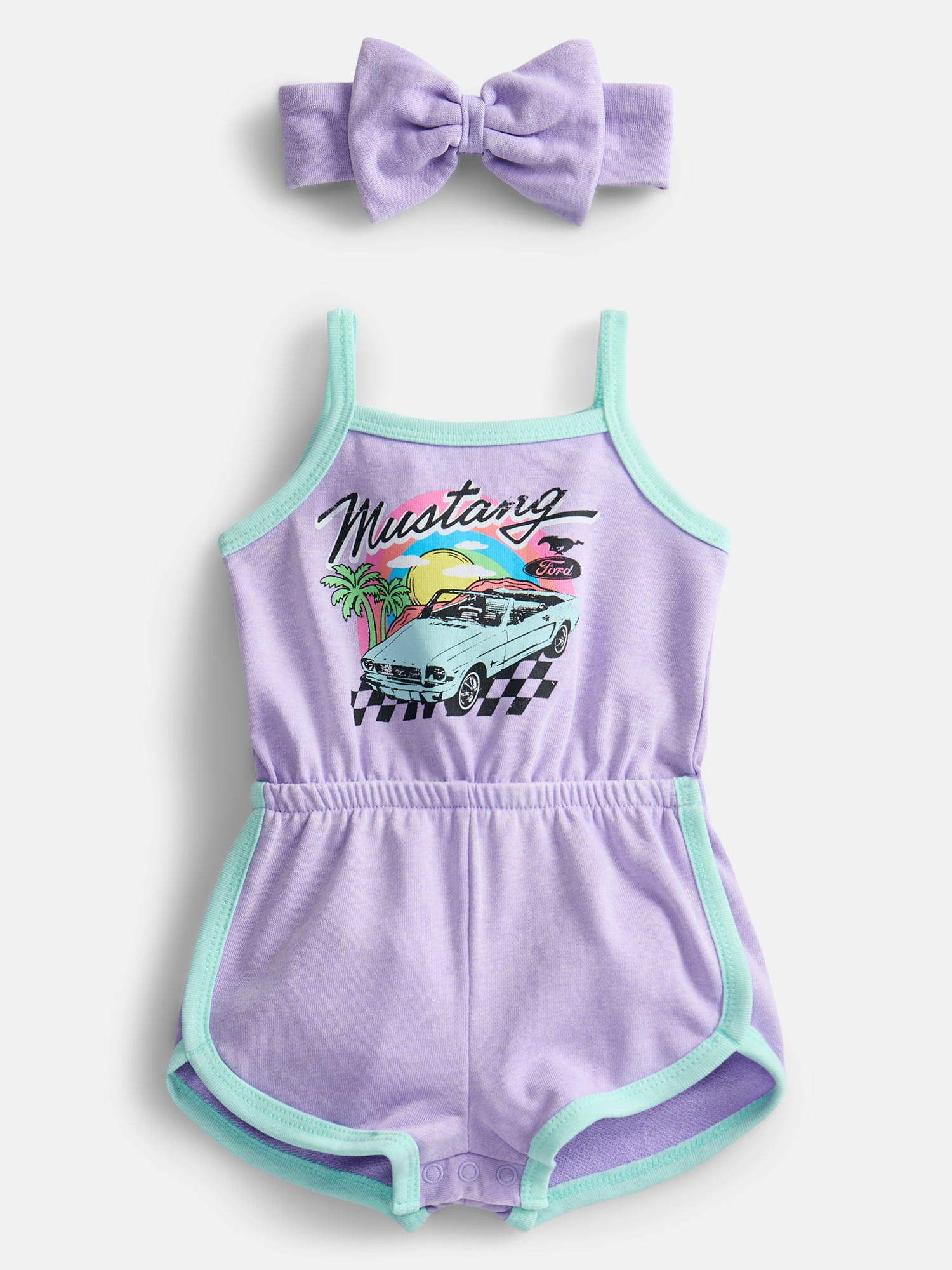 Mustang Baby Girls Sleeveless Graphic Romper with Matching Bow Headband, Sizes 0/3M-24M