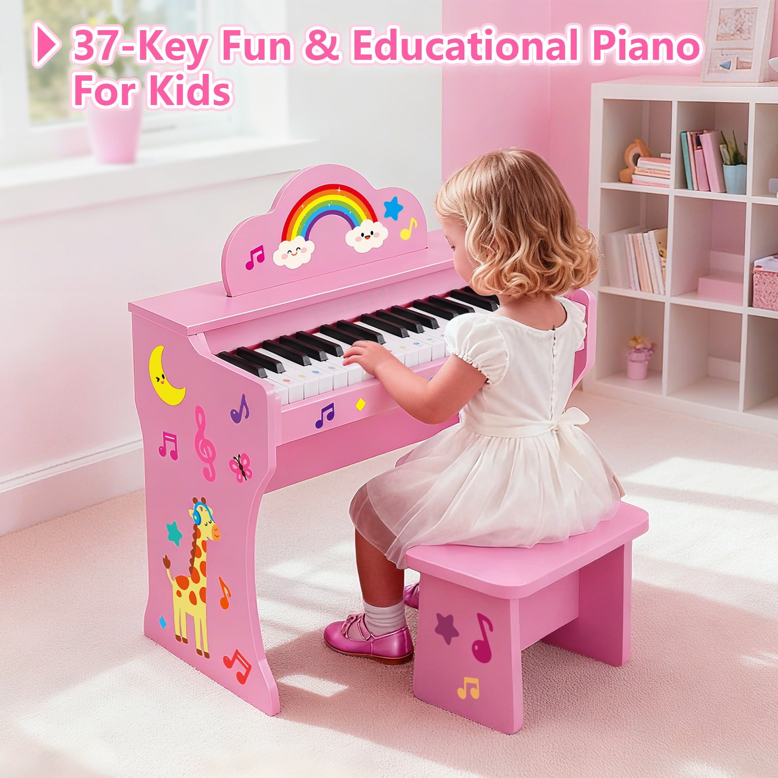 Mustar 37 Keys Kids Wooden Electronic Digital Piano Keyboard Music Education with Stool, Songbook, DIY Stickers (Pink)