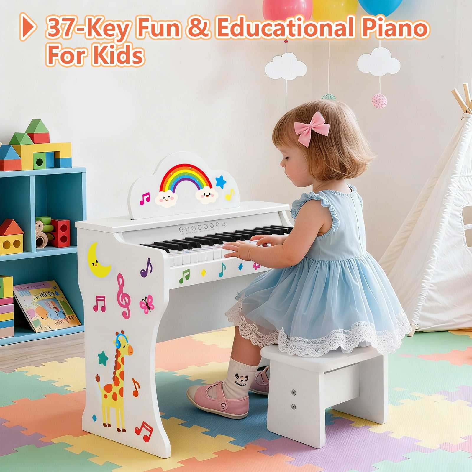 Mustar 37 Keys Kids Wooden Electronic Digital Piano Keyboard Music Education with Stool, Songbook, DIY Stickers (White)