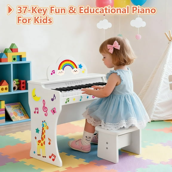 Mustar 37 Keys Kids Wooden Electronic Digital Piano Keyboard Music Education with Stool, Songbook, DIY Stickers (White)