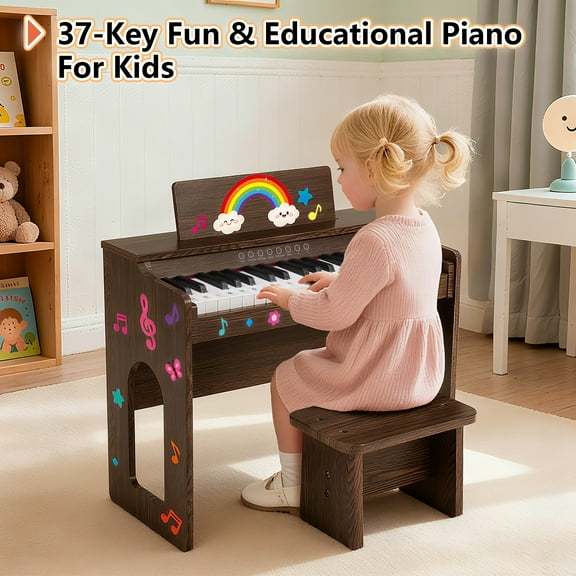 Mustar 37 Keys Kids Wooden Electronic Digital Piano Keyboard with Stool, Songbook, DIY Stickers (Brown)