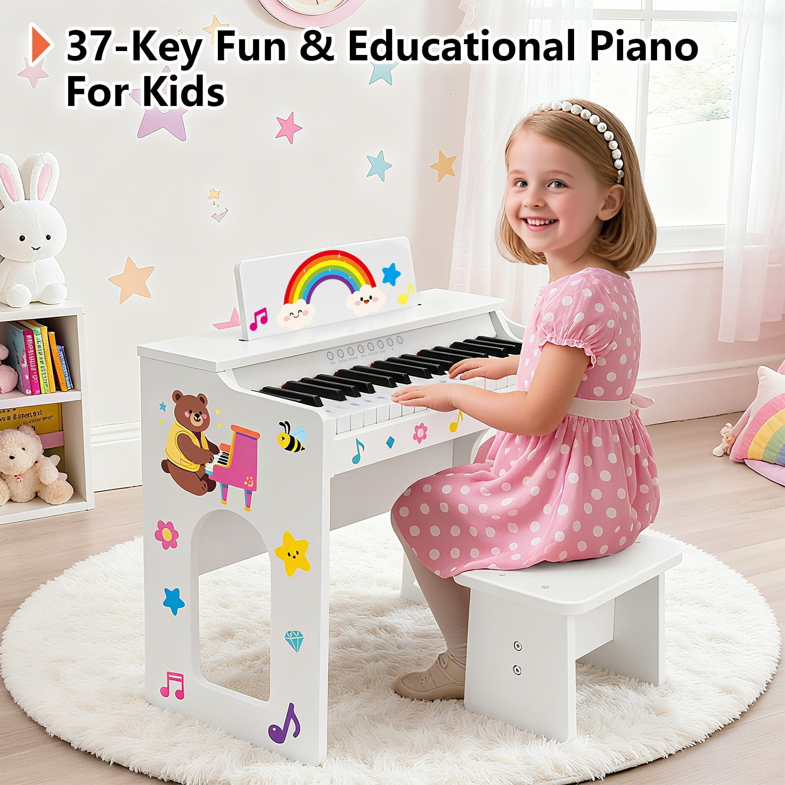 Mustar 37 Keys Kids Wooden Electronic Digital Piano Keyboard with Stool, Songbook, DIY Stickers (White)