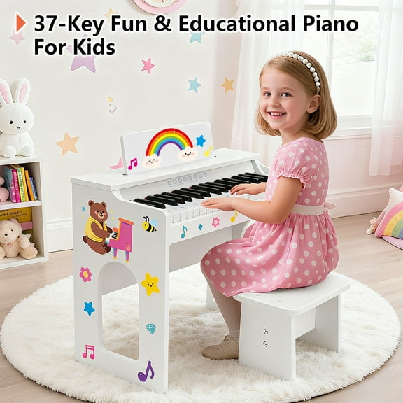 Mustar 37 Keys Kids Wooden Electronic Digital Piano Keyboard with Stool, Songbook, DIY Stickers (White)